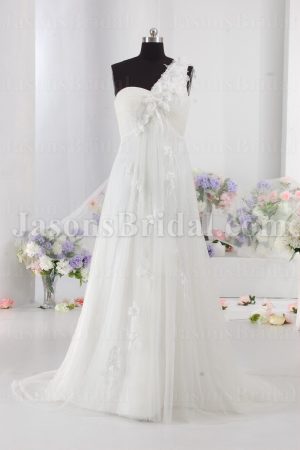 Empire A-line One-shoulder Tulle Wedding Dress Sweetheart Floral Embellished Skirt with Sweep Train