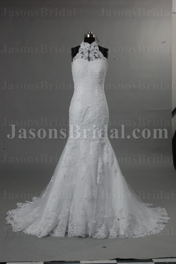 Mermaid High-neck Lace Wedding Dress Beaded Embellished Skirt with Sweep Train