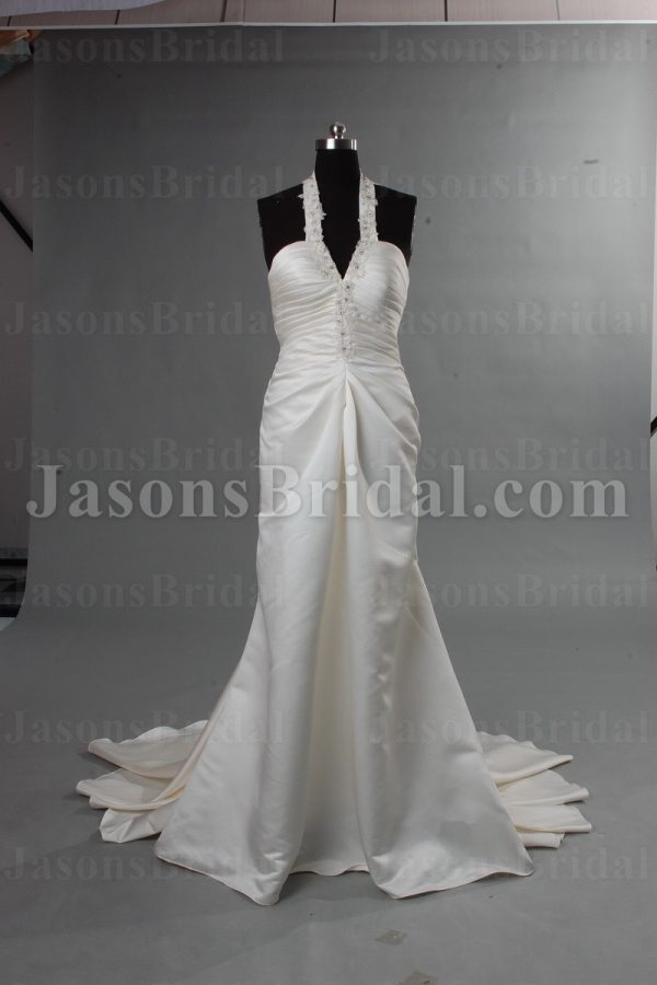 Fit-and-Flare Halter Satin Wedding Dress Beaded Ruched Embellished Pleated Skirt with Court Train