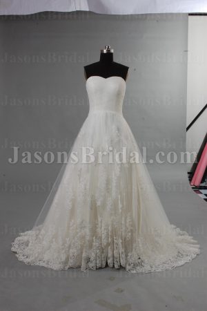 Princess A-line Lace Wedding Dress Sweetheart Cross Ruched Bodice with Sweep Train