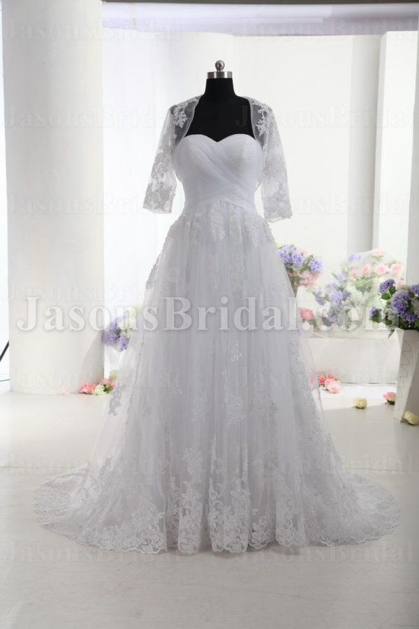 A-line Lace Wedding Dress Sweetheart Cross Ruched Bodice with Bolero Jacket Sweep Train