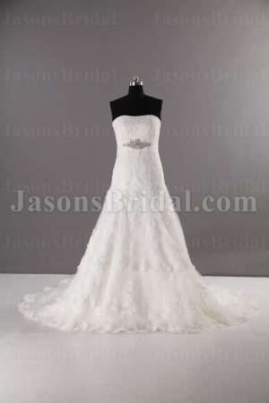 Trumpet Lace Wedding Dress Strapless Beaded Embellished Waistband Skirt with Chapel Train