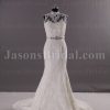 Mermaid Illusion Lace High-neck Wedding Dress Beaded Waistband Appliqued Skirt with Sweep Train