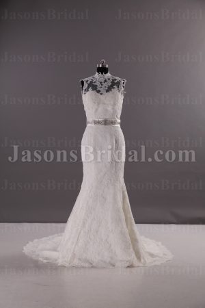 Mermaid Illusion Lace High-neck Wedding Dress Beaded Waistband Appliqued Skirt with Sweep Train