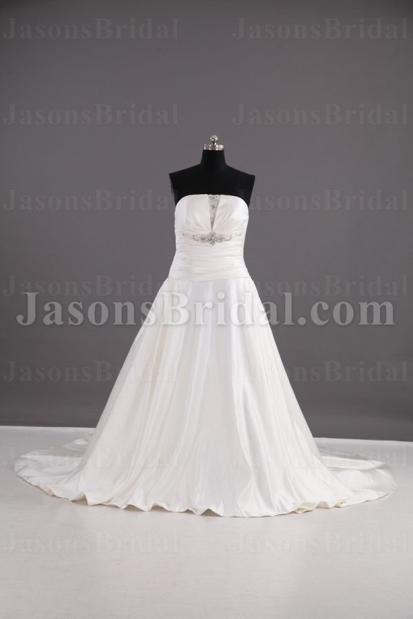 A-line Satin Wedding Dress Strapless Beaded Embellished Asymmetrical Ruched with Semi-cathedral Train