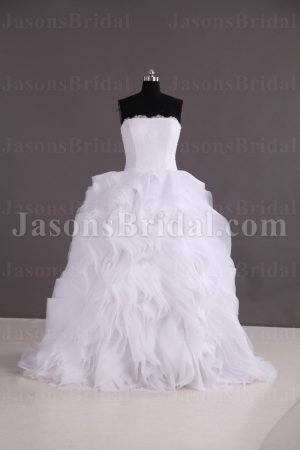 Ballgown Tulle Wedding Dress Strapless Lace Bodice Circular Frills Skirt with Sweep Train