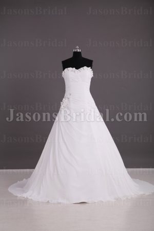 Elegant A-line Sweetheart Adorned Flowers Ruched Asymmetrical Side Motif Sweep Train Chiffon Wedding Dresses