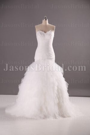 Trumpet Sweetheart Adorned Feathers Crossed Ruched Sweep Train Ruffled Organza Wedding Dresses