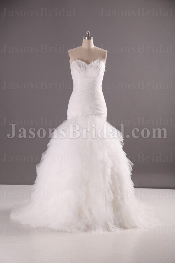 Trumpet Sweetheart Adorned Feathers Crossed Ruched Sweep Train Ruffled Organza Wedding Dresses