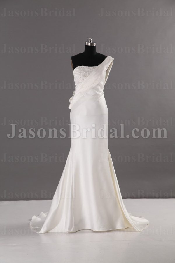 Fit-and-Flare One-shoulder Beaded Appliques Asymmetrical Ruched Court Train Satin Wedding Dresses