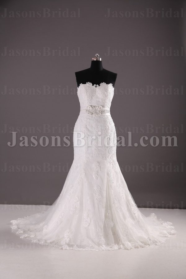 Trumpet Scalloped Sweetheart Jeweled Belt Allover Lace Sweep Train Tulle Wedding Dresses