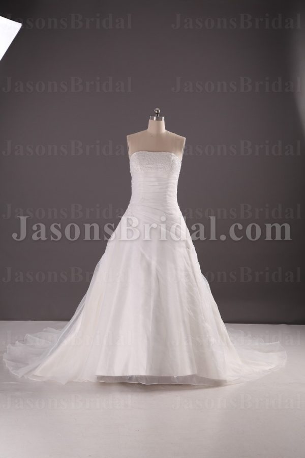 A-line Strapless Asymmetrical Ruched Beaded Chapel Train Organza over Satin Wedding Dresses