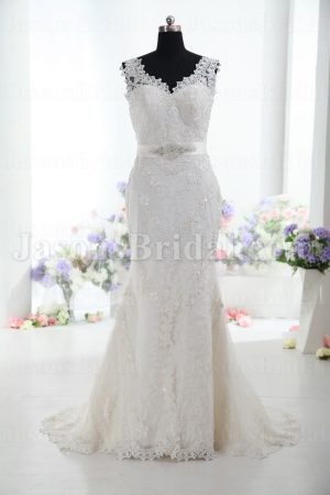 Fit-and-Flare Sleeveless Scalloped V-neck Jeweled Belt Court Train Allover Lace Wedding Dresses