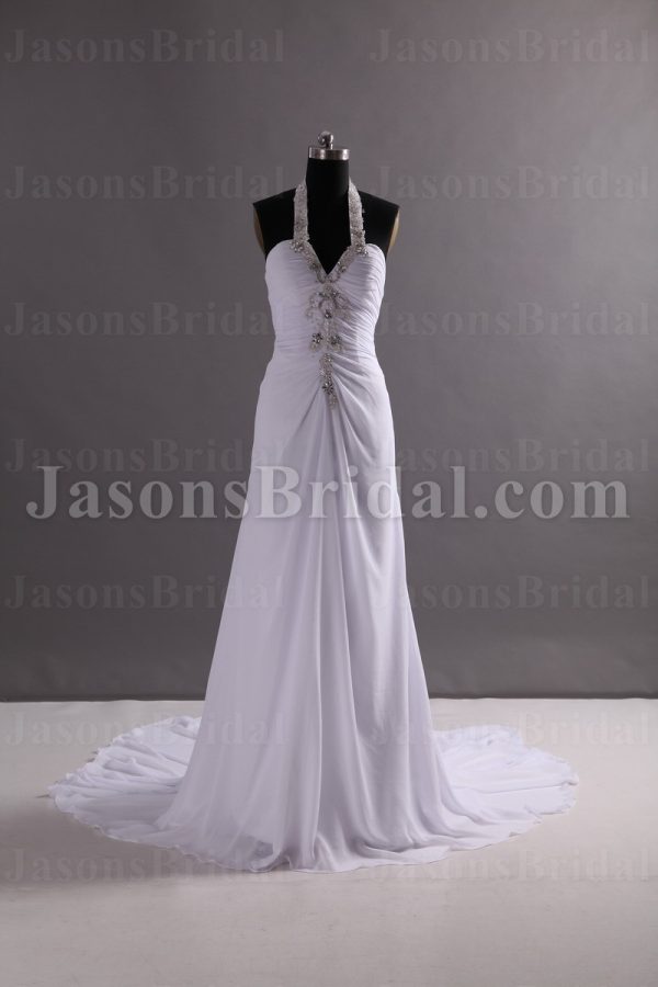 Glamorous Slim-line Jeweled Halter Ruched T-bar Back Sweep Train Chiffon Wedding Dresses