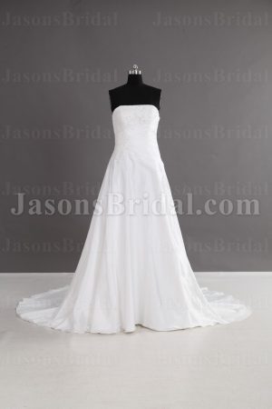 A-line Strapless Beaded Appliqued Asymmetrical Ruched Chapel Train Organza over Satin Wedding Dresses