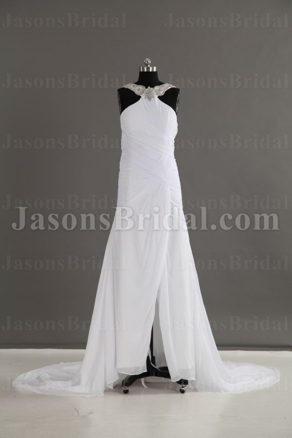 Sexy Sheath Jeweled Halter Backless Corset Side Slit Asymmetrically Pleated Sweep Train Chiffon Wedding Dresses