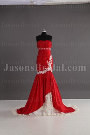 Red Trumpet Ruched Sweetheart Bead Embellished Pleated Appliqued Side Draped Satin over Lace Wedding Dresses