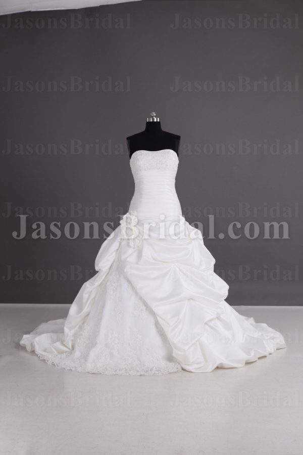 Fit-and-Flare Strapless Beaded Embroidered Ruched Dropped Bustled Catch-up Chapel Train Satin Lace Wedding Dresses