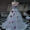 A-line Strapless Dropped Embroidered Flowers Corset Chapel Train Tulle over Satin Wedding Dresses