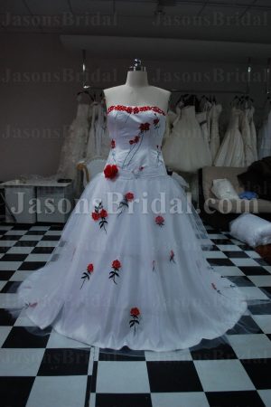 A-line Strapless Dropped Embroidered Flowers Corset Chapel Train Tulle over Satin Wedding Dresses