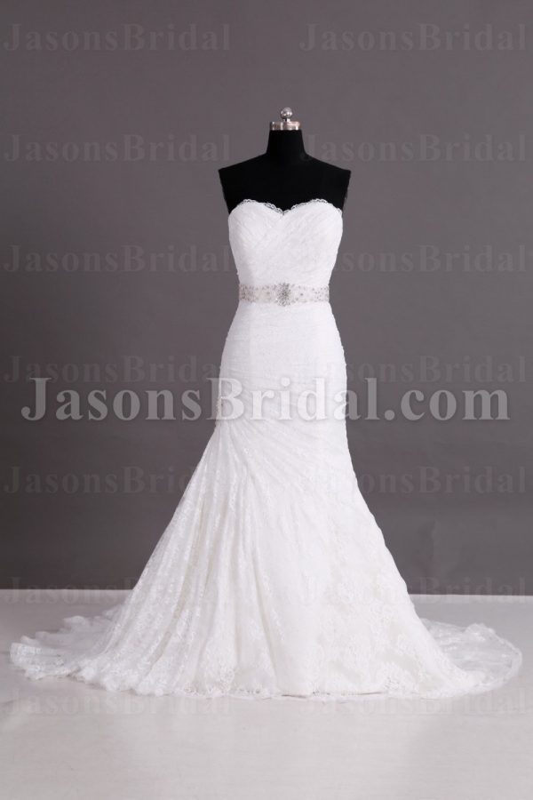 Glamorous Trumpet Ruched Sweetheart Pleated Jeweled Belt Side Motif Sweep Train Lace Wedding Dresses