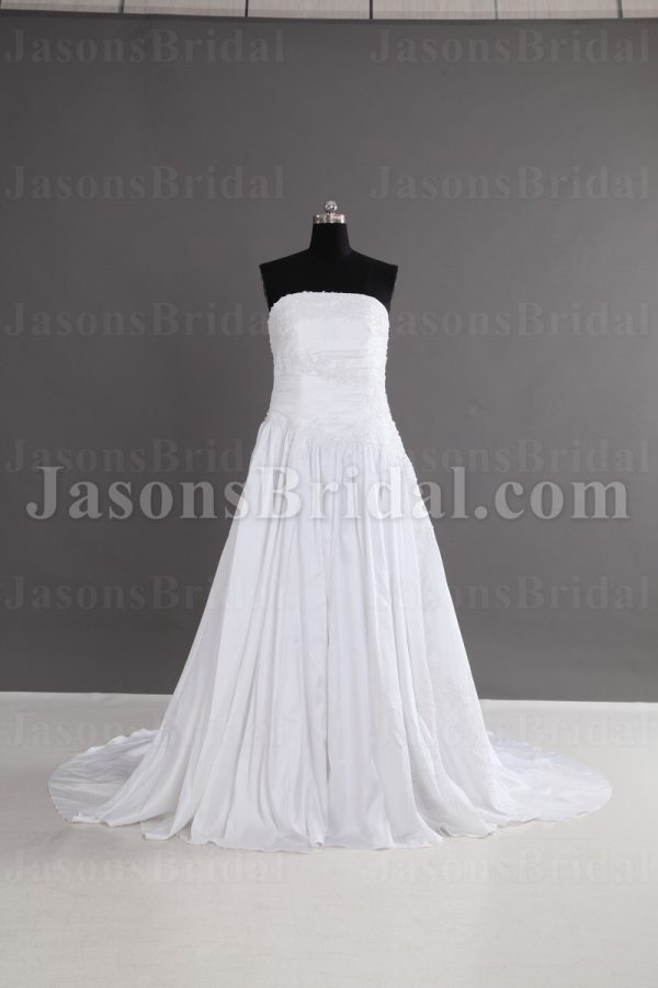 A-line Strapless Beaded Embroidered Asymmetrical Ruched Pleated Chapel Train Satin Wedding Dresses