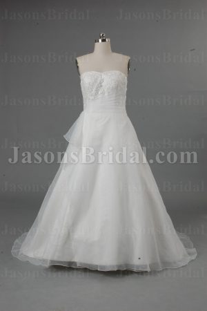 A-line Sweetheart Beaded Embroidered Asymmetrical Ruched Side Draped Sweep Train Organza over Satin Wedding Dresses