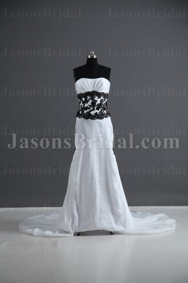 Black and White Trumpet Strapless Ruched Side Draped Chapel Train Satin Lace Wedding Dresses