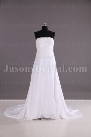 Slim A-line Strapless Beaded Appliqued Bodice Empire Ribbon Catch-up Chapel Train Taffeta Wedding Dresses