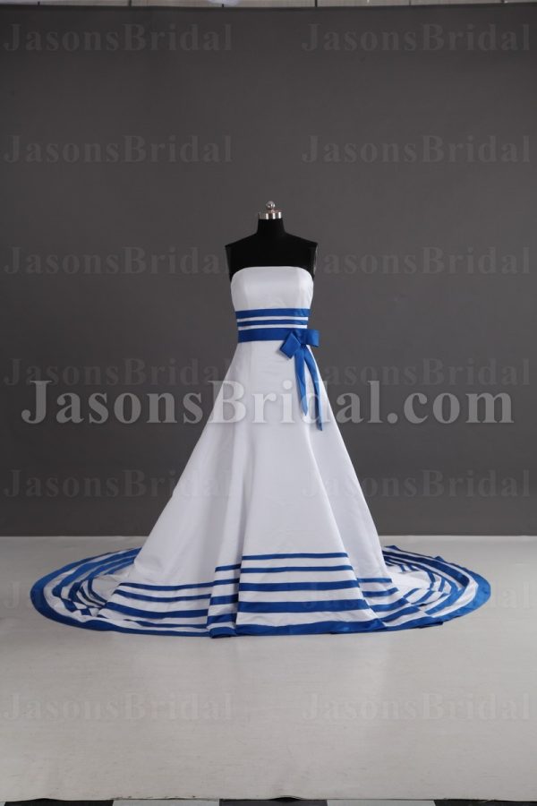 A-line Strapless Ribbons Bowknot Striped Hem Chapel Train Satin Wedding Dresses