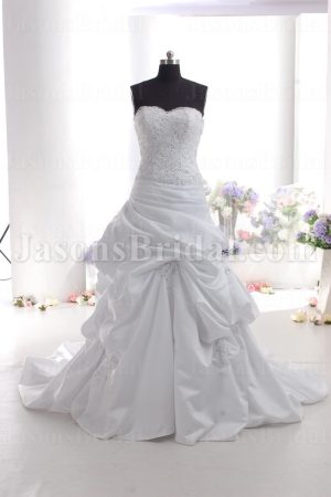 Ball Gown Scalloped Sweetheart Beaded Embroidered Asymmetrical Pleated Dropped Pick-up Draped Chapel Train Satin Wedding Dresses