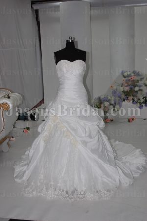 Ball Gown Sweetheart Beaded Appliqued Asymmetrical Ruched Dropped Pick-up Catch-up Chapel Train Taffeta Lace Wedding Dresses