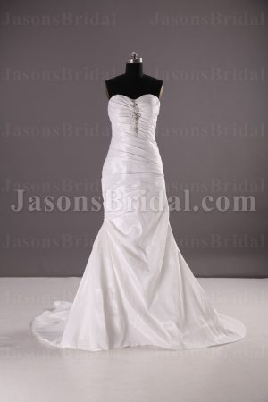 Fit-and-Flare Sweetheart Ruched Jeweled Asymmetrical Pleated Side Motif Sweep Train Satin Wedding Dresses