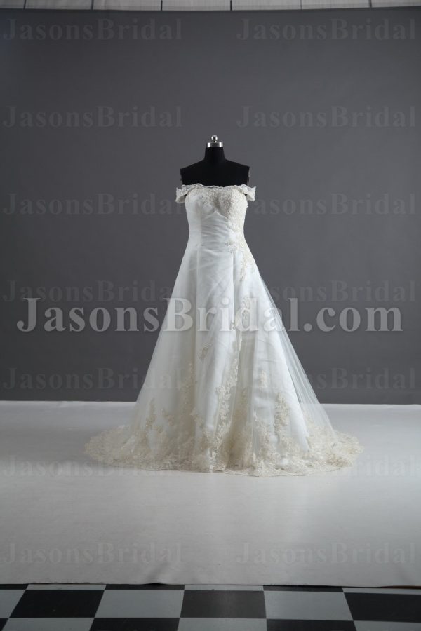 A-line Off-the-shoulder Beaded Sleeves Beaded Appliqued Asymmetrical Pleated Chapel Train Tulle over Satin Wedding Dresses