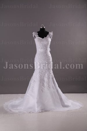 Fit-and-Flare Floral Cap Sleeves Sweetheart Allover Lace Adorned Belt Chapel Train Organza over Satin Wedding Dresses