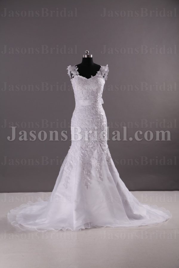 Fit-and-Flare Floral Cap Sleeves Sweetheart Allover Lace Adorned Belt Chapel Train Organza over Satin Wedding Dresses