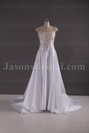 Elegant A-line Cap Sleeves Beaded Embroidered Pleated Chapel Train Satin Wedding Dresses