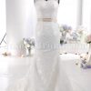 Fit-and-Flare Illusion Sleeves Scalloped V-neck Beaded Belt Allover Lace Backless Sweep Train Satin Wedding Dresses