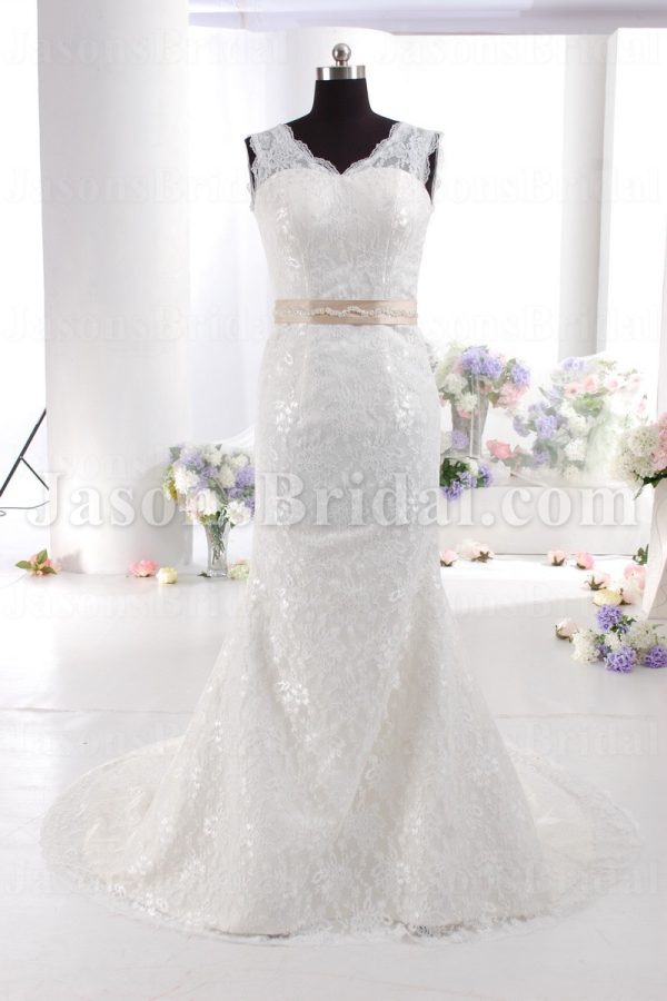 Fit-and-Flare Illusion Sleeves Scalloped V-neck Beaded Belt Allover Lace Backless Sweep Train Satin Wedding Dresses