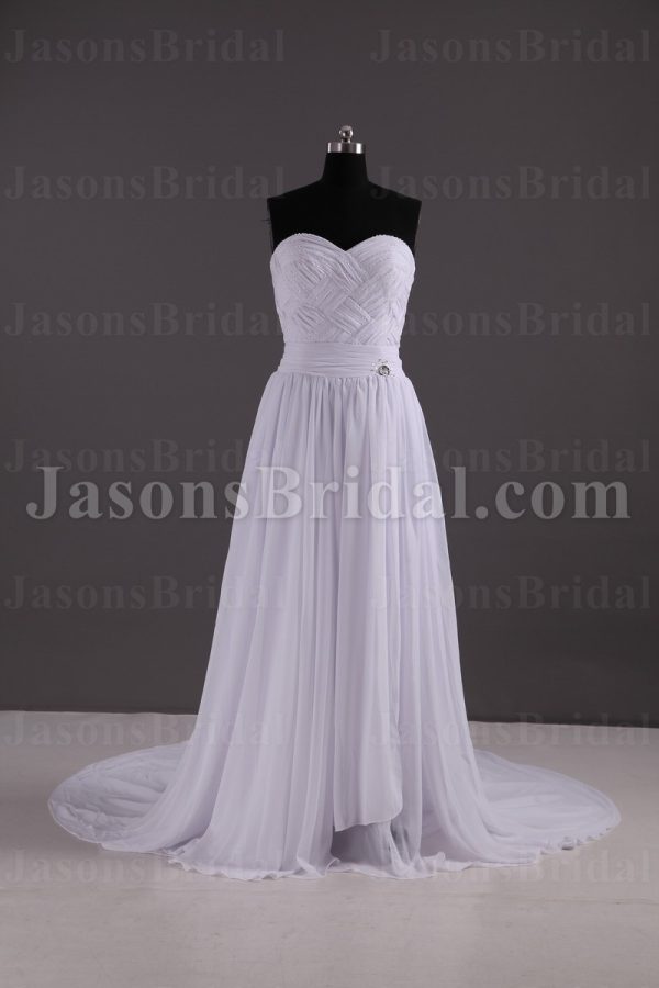 Slim A-line Sweetheart Beaded Ruched Bodice Jeweled Belt Pleated Sweep Train Tulle Wedding Dresses