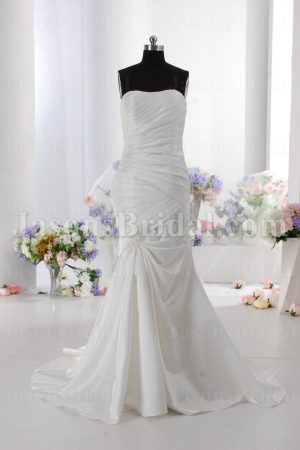 Fit-and-Flare Strapless Ruched Bodice Asymmetrical Dropped Pleated Jeweled Side Drape Sweep Train Satin Wedding Dresses