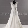 A-line Lace Adorned Sleeveless V-neck Ruched Asymmetrical Pleated Jeweled Waist Sweep Train Tulle Lace Wedding Dresses