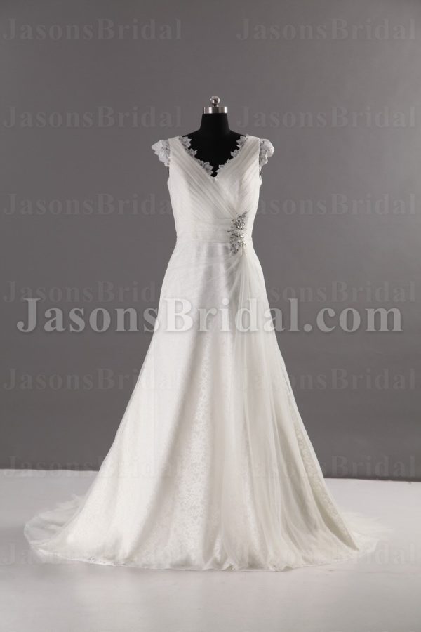 A-line Lace Adorned Sleeveless V-neck Ruched Asymmetrical Pleated Jeweled Waist Sweep Train Tulle Lace Wedding Dresses