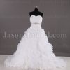 Dramatic Ball Gown Sweetheart Allover Lace Bodice Ruched Jeweled Ruffled Organza Chapel Train Wedding Dresses