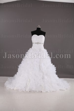 Dramatic Ball Gown Sweetheart Allover Lace Bodice Ruched Jeweled Ruffled Organza Chapel Train Wedding Dresses