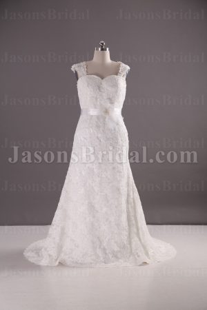 Fit-and-Flare Cap Sleeves Sweetheart Jeweled Belt Sweep Train Allover Lace Wedding Dresses