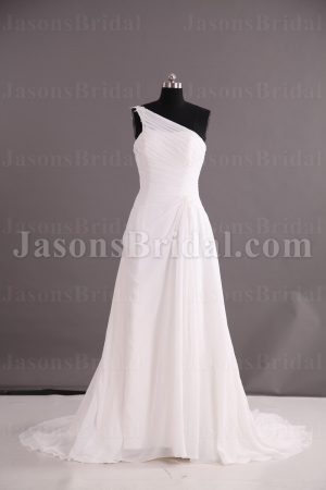 Fit-and-Flare Illusion One-shoulder Ruched Asymmetrical Pleated Adorned Side Drape Sweep Train Chiffon Wedding Dresses