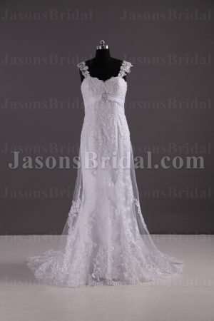 Fit-and-Flare Cap Sleeves Sweetheart Jeweled Empire Belt Beaded Appliques Sweep Train Tulle over Satin Wedding Dresses