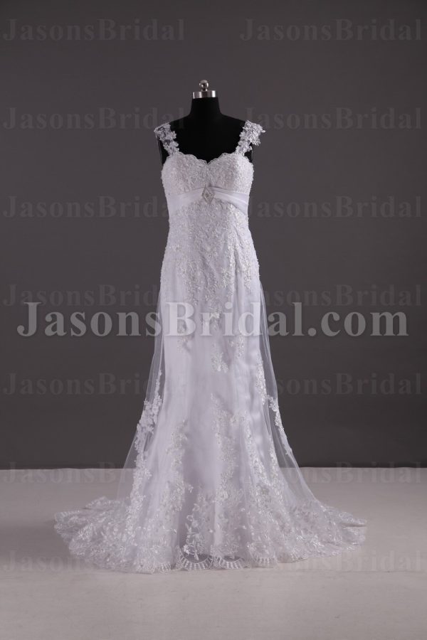 Fit-and-Flare Cap Sleeves Sweetheart Jeweled Empire Belt Beaded Appliques Sweep Train Tulle over Satin Wedding Dresses