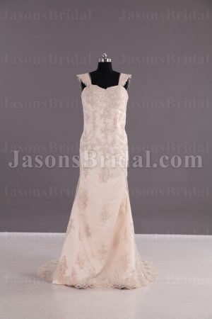 Fit-and-Flare Cap Sleeves Sweetheart Beaded Appliques Sweep Train Sweep Train Tulle over Satin Wedding Dresses